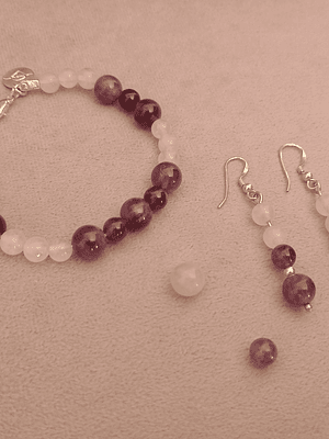 Conjunto de pulsera y aros de piedras cuarzo rosa y amatista