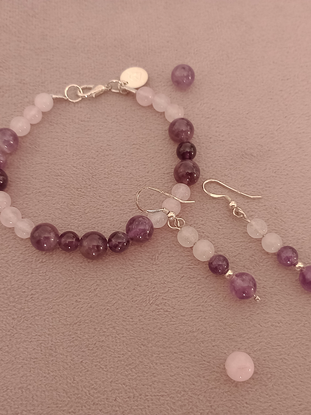 Conjunto de pulsera y aros de piedras cuarzo rosa y amatista 1