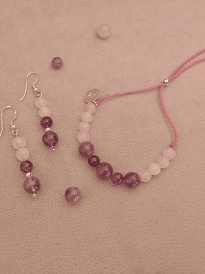 Conjunto de pulsera regulable y aros de piedras cuarzo rosa y amatista
