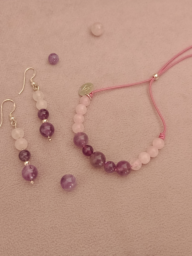 Conjunto de pulsera regulable y aros de piedras cuarzo rosa y amatista 1