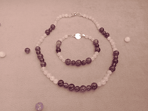 Conjunto de collar y pulsera de piedras cuarzo rosa y amatista