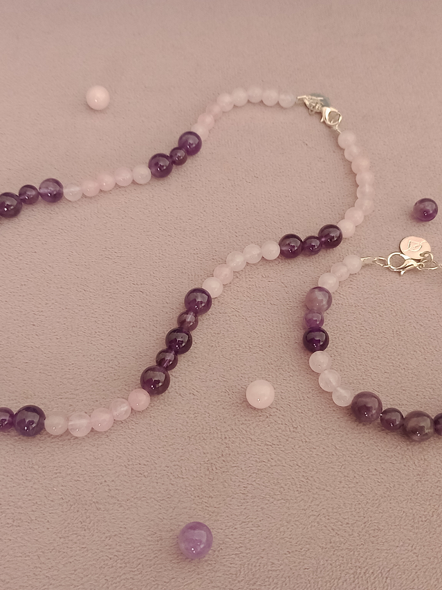 Conjunto de collar y pulsera de piedras cuarzo rosa y amatista 2