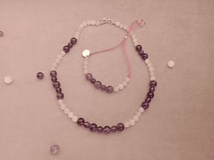 Conjunto de collar y pulsera regulable de piedras cuarzo rosa y amatista