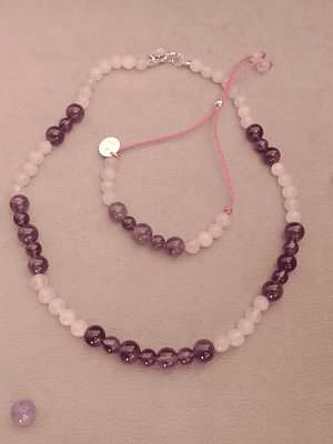 Conjunto de collar y pulsera regulable de piedras cuarzo rosa y amatista