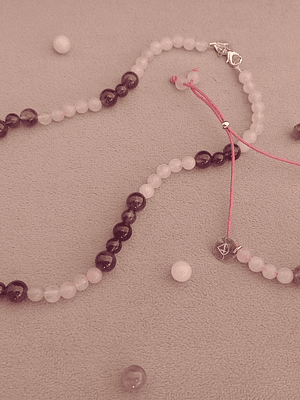 Conjunto de collar y pulsera regulable de piedras cuarzo rosa y amatista