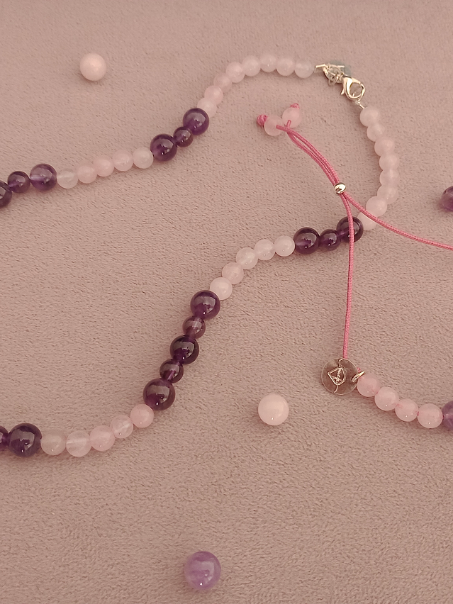 Conjunto de collar y pulsera regulable de piedras cuarzo rosa y amatista 2