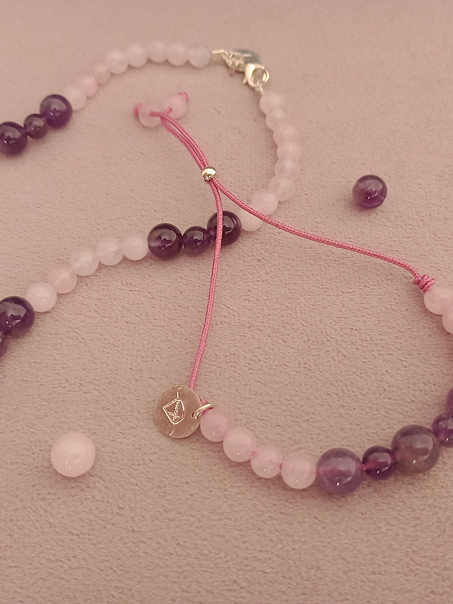 Conjunto de collar y pulsera regulable de piedras cuarzo rosa y amatista 4