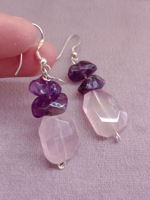 Aros de piedras amatista y cuarzo rosa 1