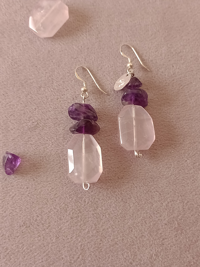 Aros de piedras amatista y cuarzo rosa 3