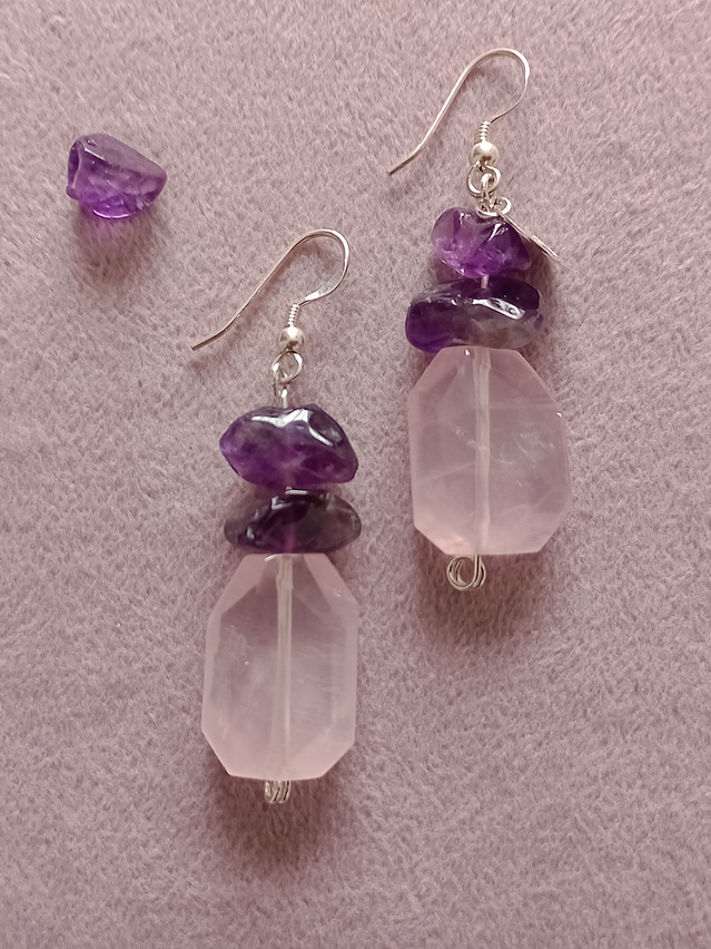 Aros de piedras amatista y cuarzo rosa 2