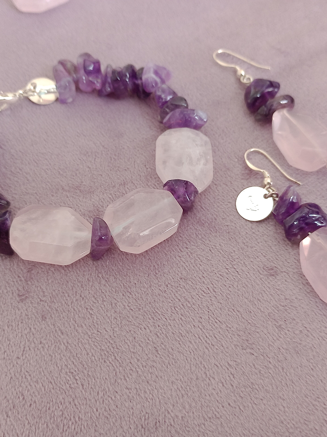 Conjunto de pulsera y aros de piedras amatista y cuarzo rosa 6