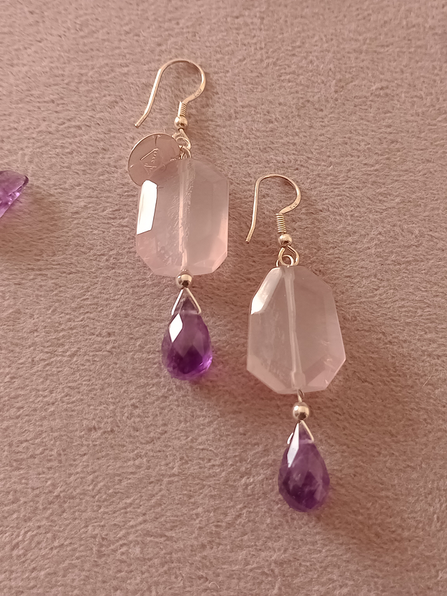 Aros de piedras amatista y cuarzo rosa 4