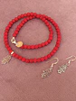 Conjunto de aros y collar de piedras jade rojo y mano de Fátima de plata - Miniatura 3