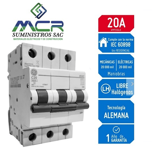 INTERRUPTOR TERMOMAGNETICO RIEL DIN 3X20 AMP 230V 6KA GENERAL ELECTRIC 