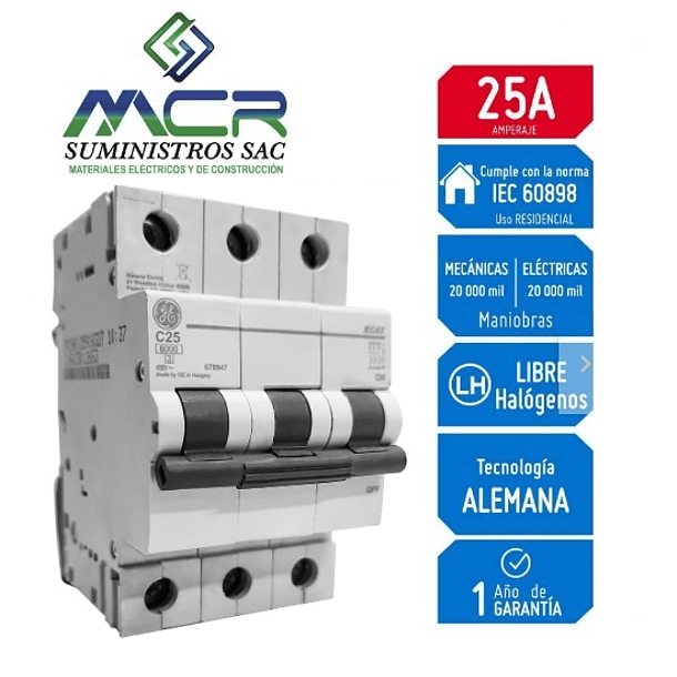 INTERRUPTOR TERMOMAGNETICO RIEL DIN 3X25 AMP 230V 6KA GENERAL ELECTRIC 