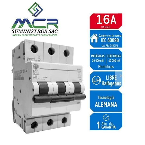 INTERRUPTOR TERMOMAGNETICO RIEL DIN 3X16 AMP 230V 6KA GENERAL ELECTRIC 