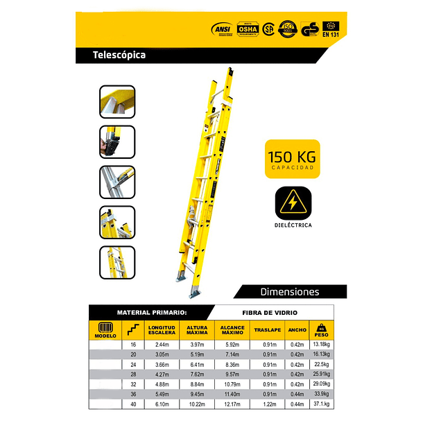 ESCALERA FIBRA DE VIDRIO TELESCOPICA 28 PASOS 4.27m TOTAL DESPLEGADA 9.57m PESO : 25.91KG. SOPORTE 150kg 2