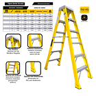 ESCALERA FIBRA DE VIDRIO TIJERA DOBLE ACCESO 7 PASOS 2.13m ALCANCE MAXIMO 3.77m PESO: 11.80kg SOPORTE 150kg 2