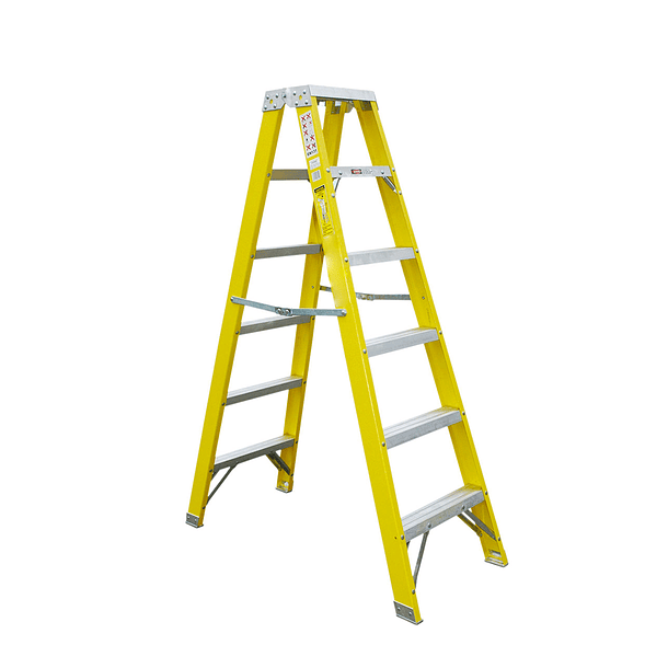 ESCALERA FIBRA DE VIDRIO TIJERA DOBLE ACCESO 14 PASOS 4.26m ALCANCE MAXIMO 5.90m PESO: 26.50kg SOPORTE 150kg 1