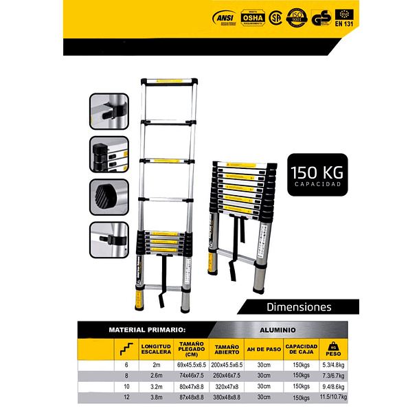 ESCALERA ALUMINIO RETRACTIL ACOPLABLE 10 PASOS LONGITUD 3.2m DESPLEGADA 320x47x8 cm PESO : 8.60kg SOPORTE 150kg 2