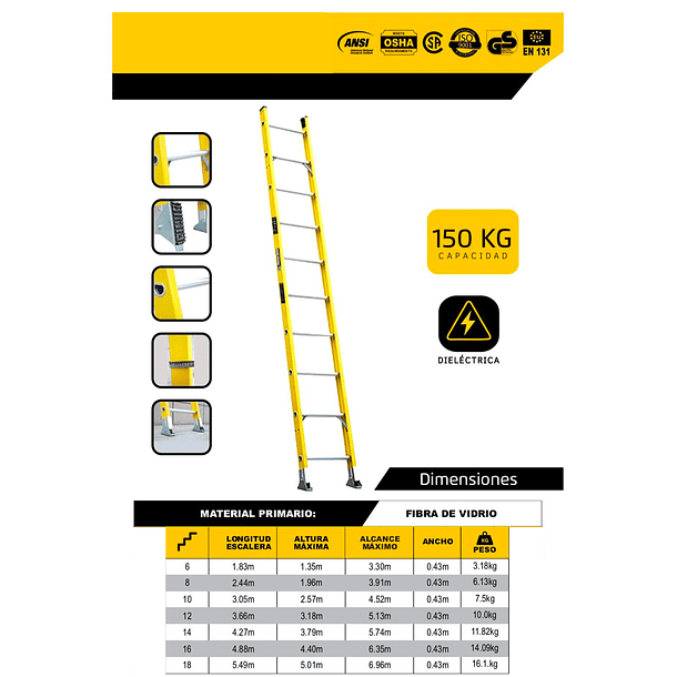 ESCALERA FIBRA DE VIDRIO RECTA 6 PASOS 1.83m ALCANCE MAXIMO 3.30m PESO: 3.18kg SOPORTE 150kg 2