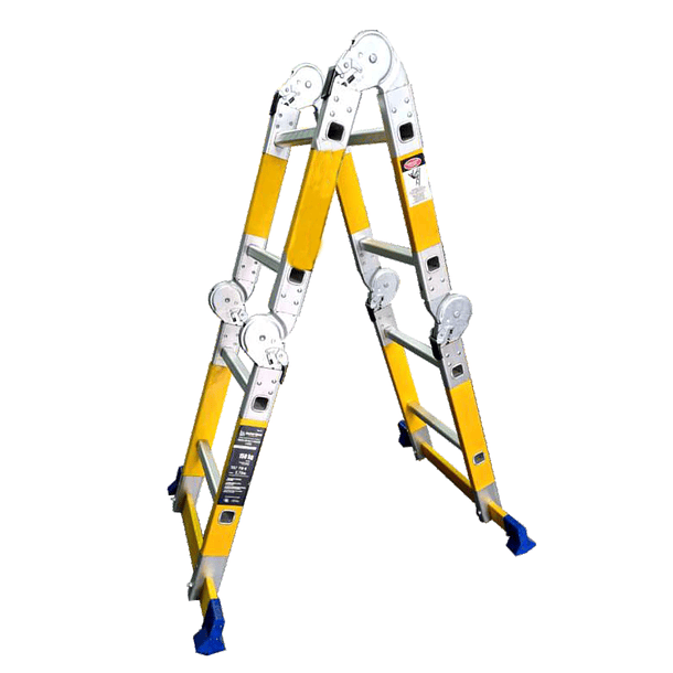 ESCALERA FIBRA DE VIDRIO MULTIUSOS 16 PASOS EXTENDIDA 472 cm TIPO TIJERA 230 cm ANDAMIO 129 cm PESO : 12kg SOPORTE 150kg 1