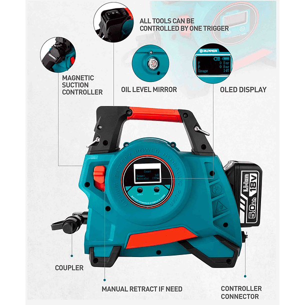 BOMBA HIDRAULICA INDUSTRIAL CON BATERIA PRESIÓN 700BAR FUERZA 490W  1