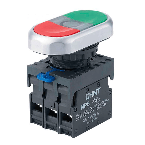 PULSADOR DOBLE PLASTICO LED 220V NA + NC ROJO Y VERDE CHINT 