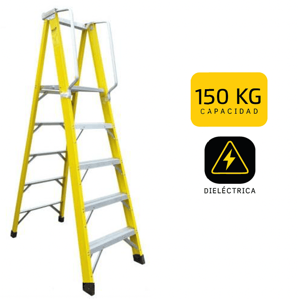 ESCALERA FIBRA DE VIDRIO CON PLATAFORMA CAPACIDAD 150kg DIELECTRICA 5 PASOS 2.13m IMPORTADA 