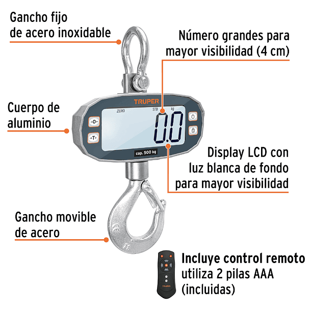 BALANZA ELECTRONICA COLGANTE CAPACIDAD 500kg LCD TRUPER 2