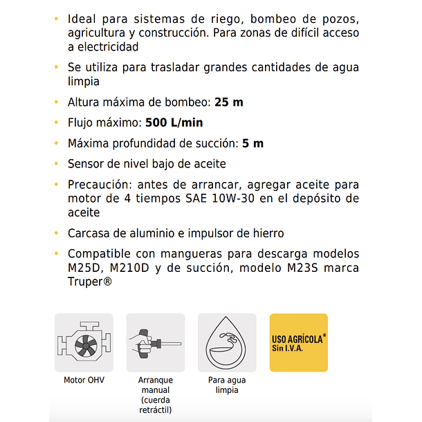 MOTOBOMBA GASOLINA 4 TIEMPO 6 1/2 HP 2” PULG 500L PRETUL 4