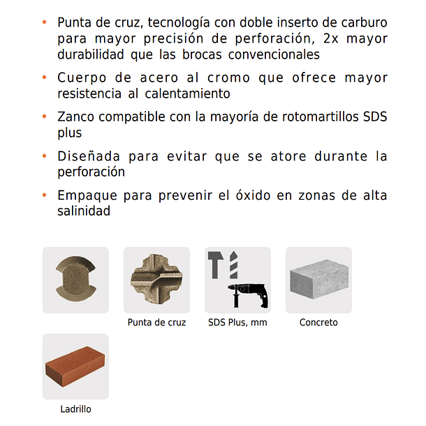 BROCA PARA CONCRETO SDS PLU DIAMETRO 12mm LARGO 260mm TRUPER 3