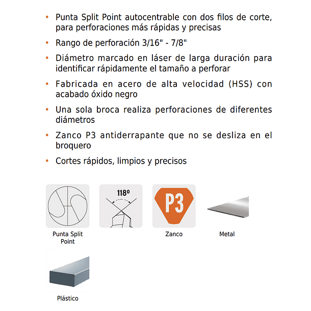 BROCA ESCALONADA 12 ESCALONES ZANCO 3/8