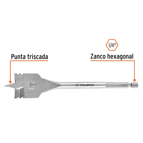 BROCA PALETA PARA MADERA ZANCO 1/4” DIAMETRO 1 1/8” TRUPER 2