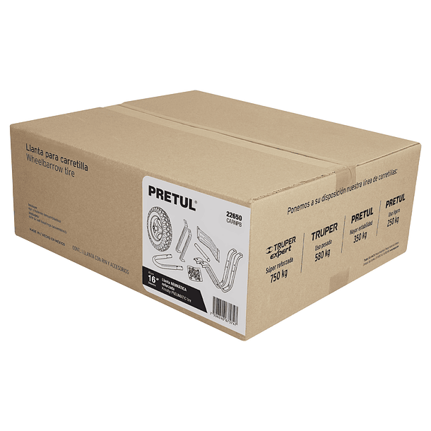 CAJA CON LLANTA NEUMATICA Y ACCESORIO PARA CARRETILLA PRETUL 