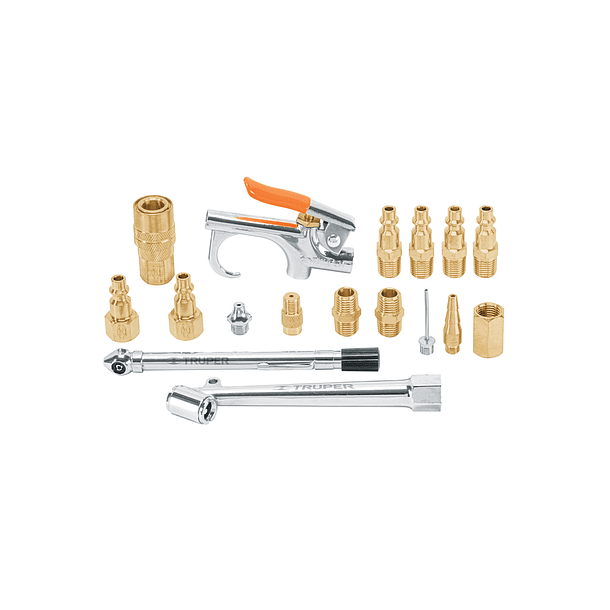 JUEGO 17 ACCESORIOS NEUMATICO LIMPIAR INFLAR CALIBRAR TRUPER 1