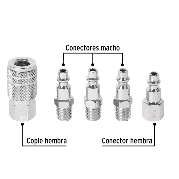 JUEGO DE ACOPLES Y CONECTOR RAPIDO ACERO CROMADO 5PZA PRETUL 