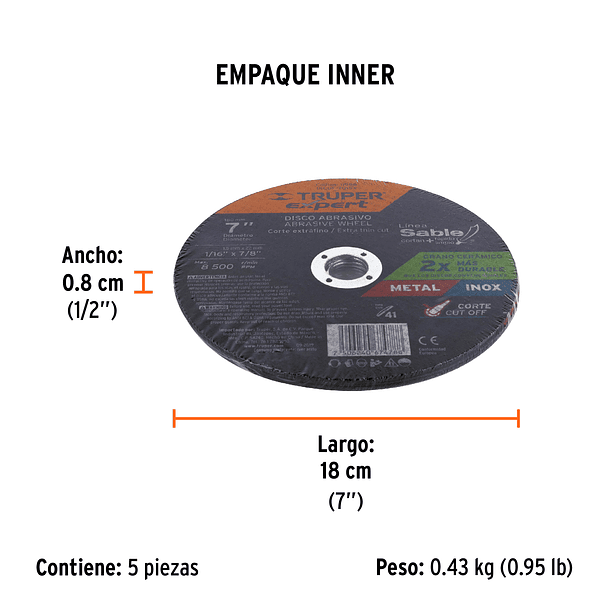 DISCO ABRASIVO CORTE METAL INOX DIAM. 7” 1.5mm TRUPER 2