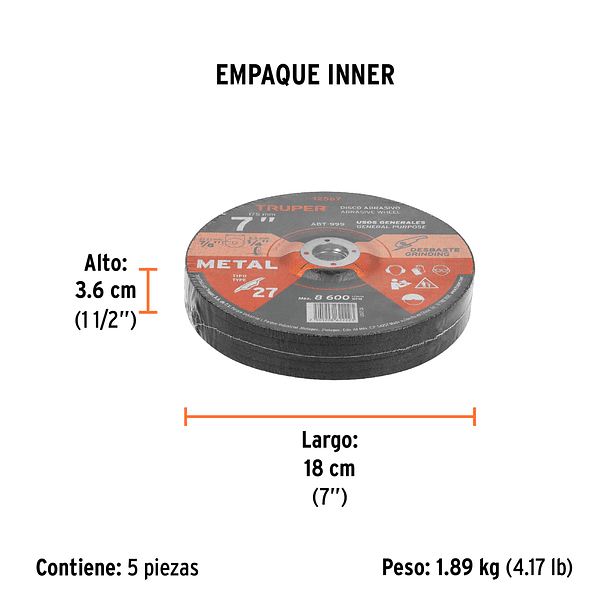 DISCO ABRASIVO DESBASTE METAL TIPO 27 DIAMETRO 7” TRUPER 2