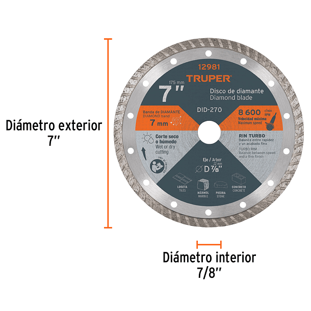 DISCO DIAMANTADO RIN TURBO DIAMETRO 7” TRUPER 1