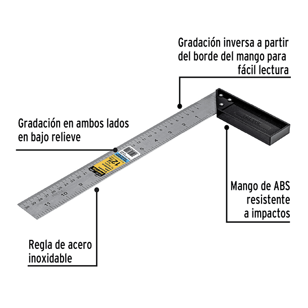 ESCUADRA PARA CARPINTERO MANGO PLASTICO 12” 30cm PRETUL 2