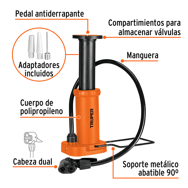 BOMBA INFLAR MANUAL CON PEDAL 60 PSI CON ADAPTADORES TRUPER 2