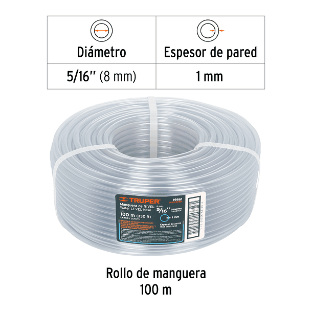 MANGUERA DE NIVEL ROLLO DE 100m DIAMETRO 5/16” TRUPER 2