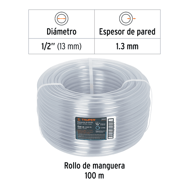 MANGUERA DE NIVEL ROLLO DE 100m DIAMETRO 1/2” TRUPER 2