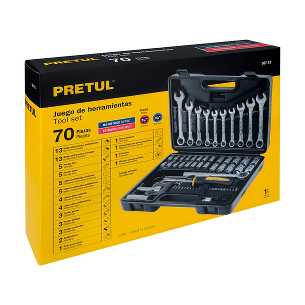 JUEGO DE LLAVES Y DADOS 70 PIEZAS ENCASTRE 1/4” 3/8” PRETUL 4