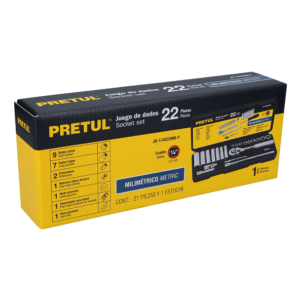 JUEGO DE DADOS 22 PIEZAS MILIMETRICOS ENCASTRE 1/4” PRETUL 5