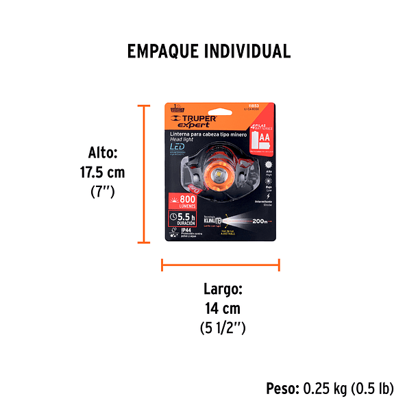 LINTERNA LED TIPO MINERO A PILAS 800 LUMENES 200m TRUPER 6