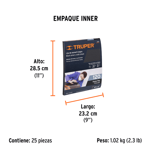 LIJA ESMERIL NEGRA 28x23cm GRANO 120 BOX 25 PIEZAS TRUPER 2