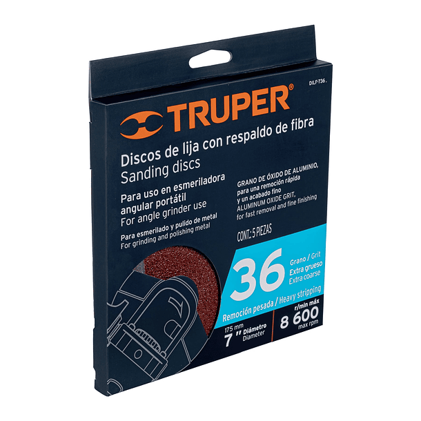DISCO DE LIJA DIAMENTRO 7” GRANO 36 BOLSA 5 PZA TRUPER 2