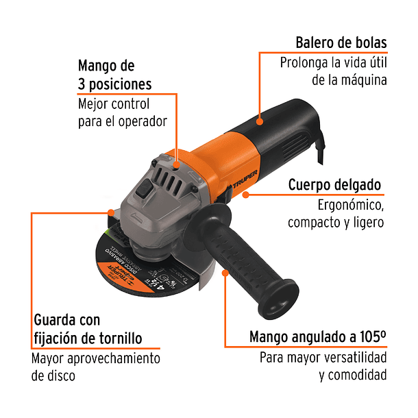 AMOLADORA PROFESIONAL ANGULAR 4 1/2” 800W 220V TRUPER 2